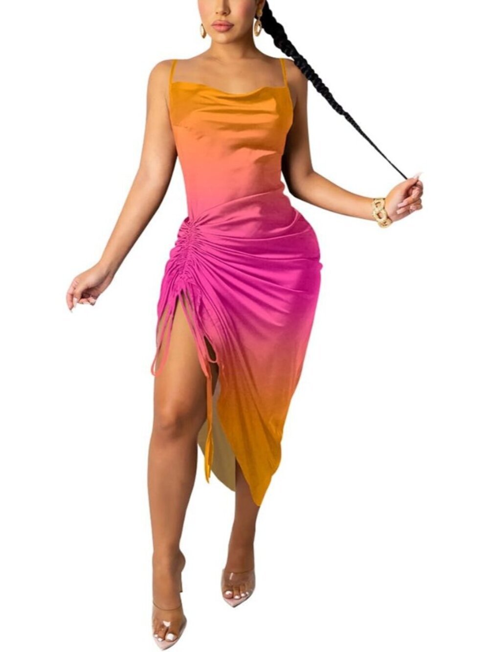 Women's Rose Yellow Spaghetti Satin Sexy Backless Drawstring Party Midi Dress